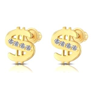 10K GOLD Dollar Sign $ CZ Stud ScrewBack Earrings